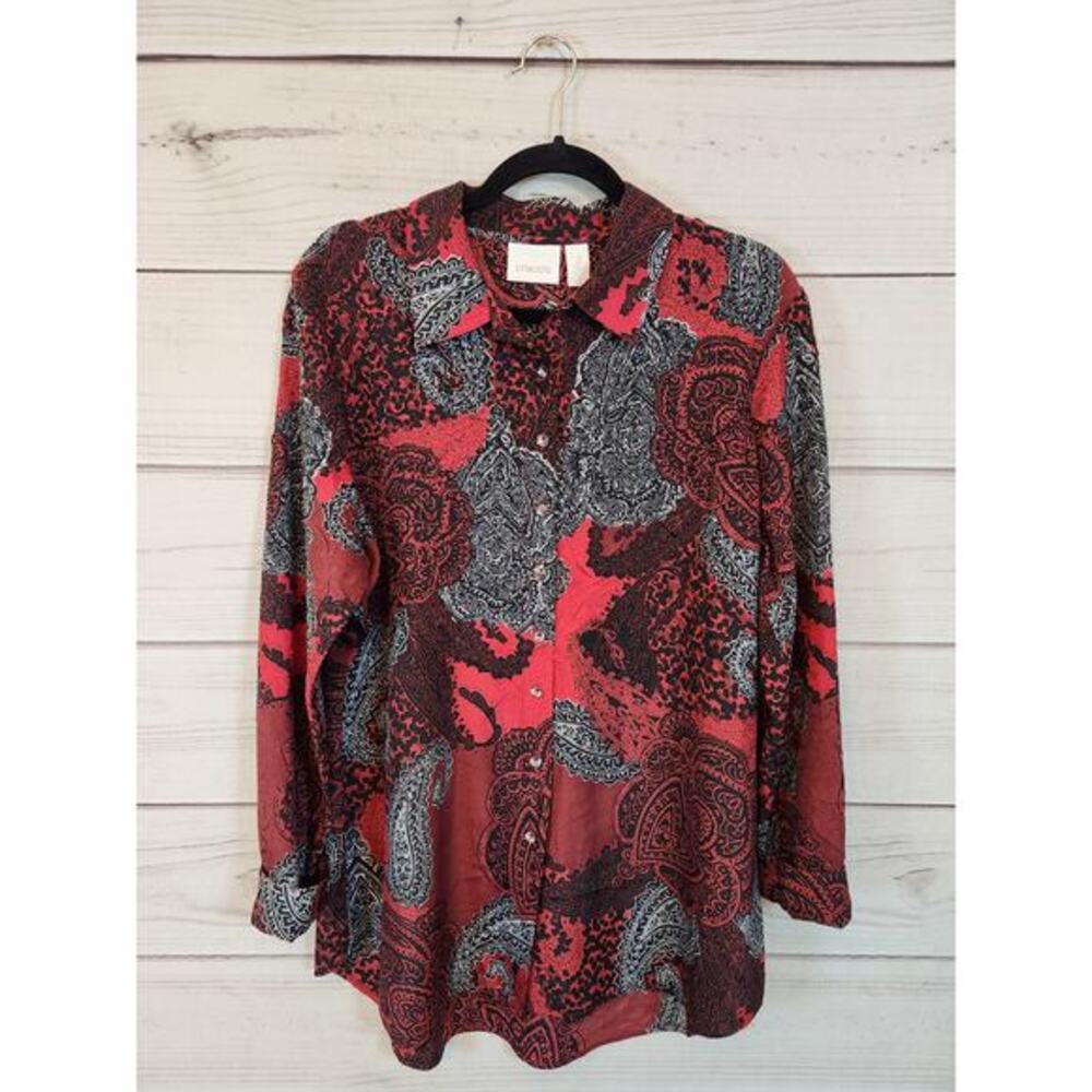 Chico's Women's Black Red Printed Crinkle Long‎ Sleeve Button Down Blouse Size L